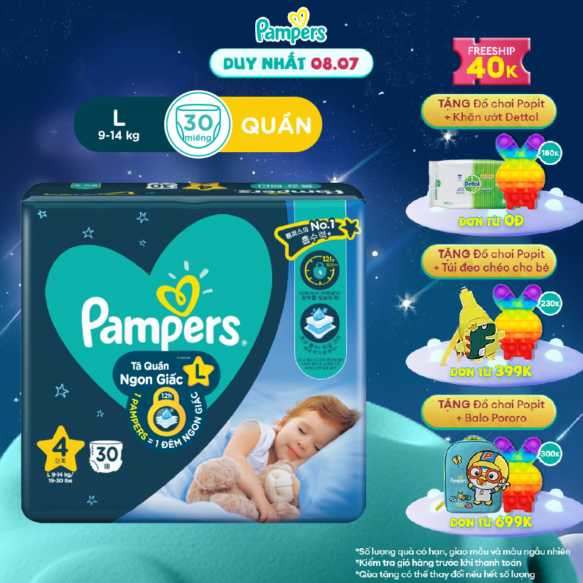 [7.7-9.7 MUA LÀ CÓ QUÀ] Tã/ Bỉm Quần PAMPERS Ngon Giấc Size L (30 miếng 9-14kg) Khô Thoáng Suốt Đêm