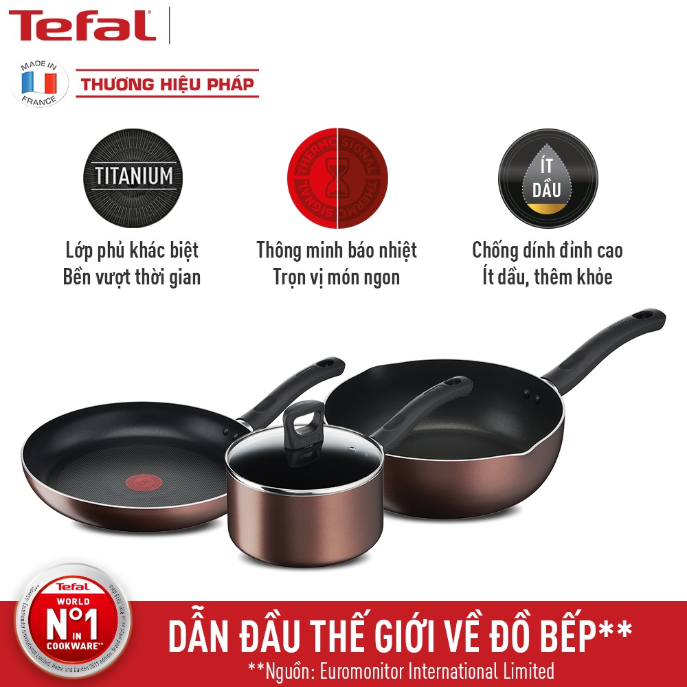 Combo chảo chiên tefal day by day g1430405 24cm & nồi cán dài/ quánh g1432305 18cm & chảo chiên sâu lồng g1436405 24cm
