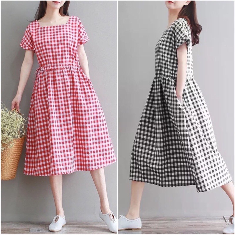 Đầm caro nút sau kt fashion, kiểu đầm maxi, đầm babydoll, chất liệu cotton thô