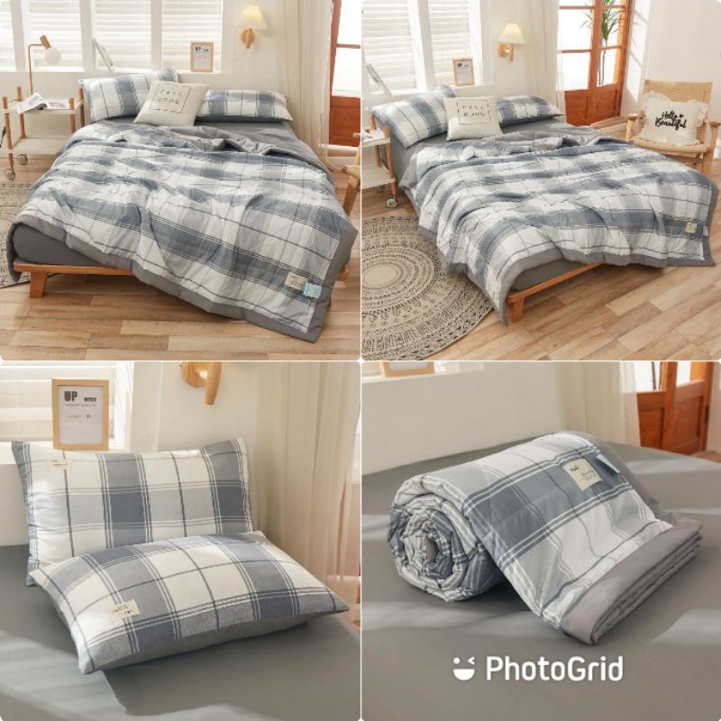 Bộ chăn ga gối caro xám cotton tici chăn chần bông nhập khẩu shoptrangheo miễn phí bo chun ga giường theo yêu cầu
