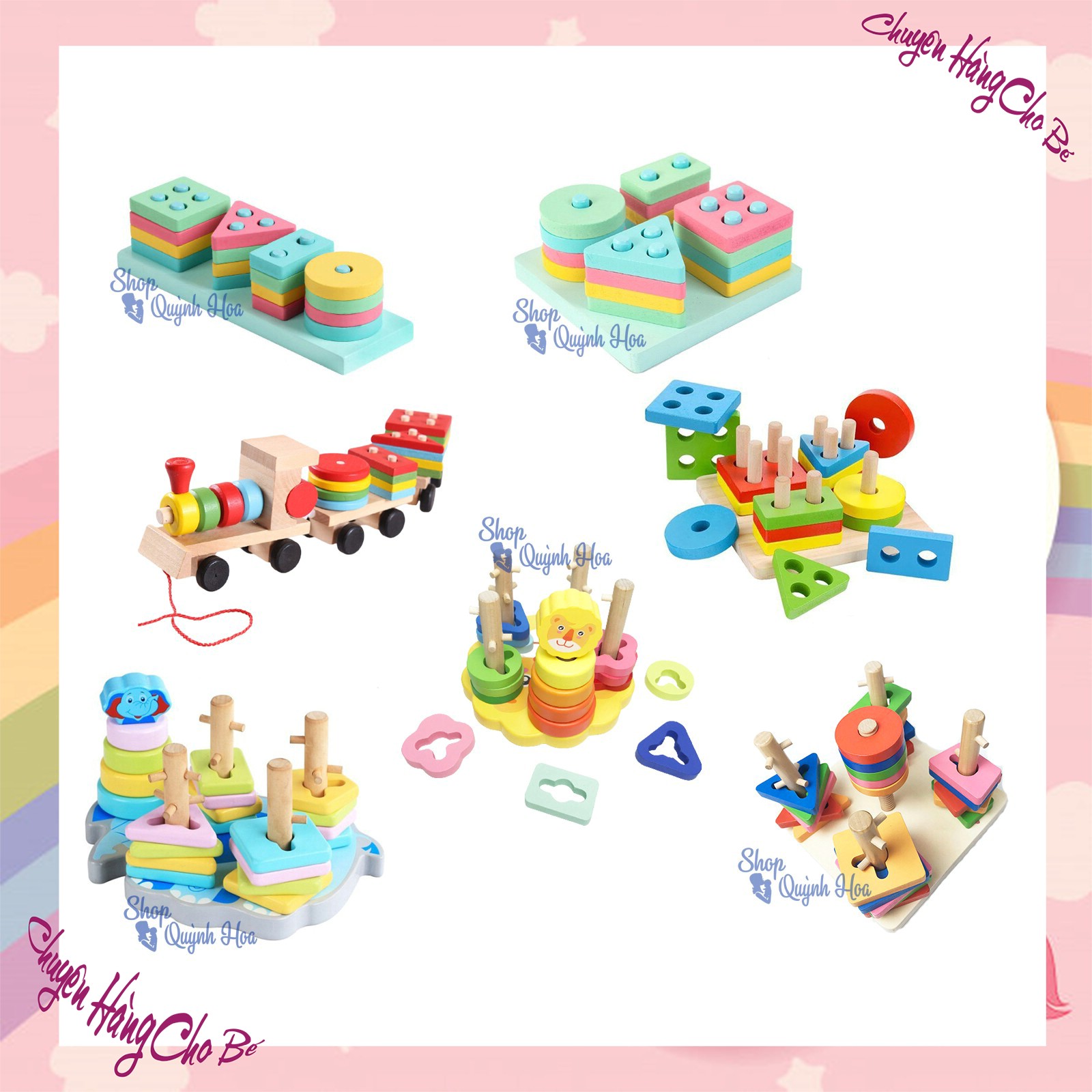 Đồ chơi gỗ - Đồ chơi xếp hình - Thả hình 4 trụ / 5 trụ / thả hình zic zac - Đồ chơi giáo dục Montessori