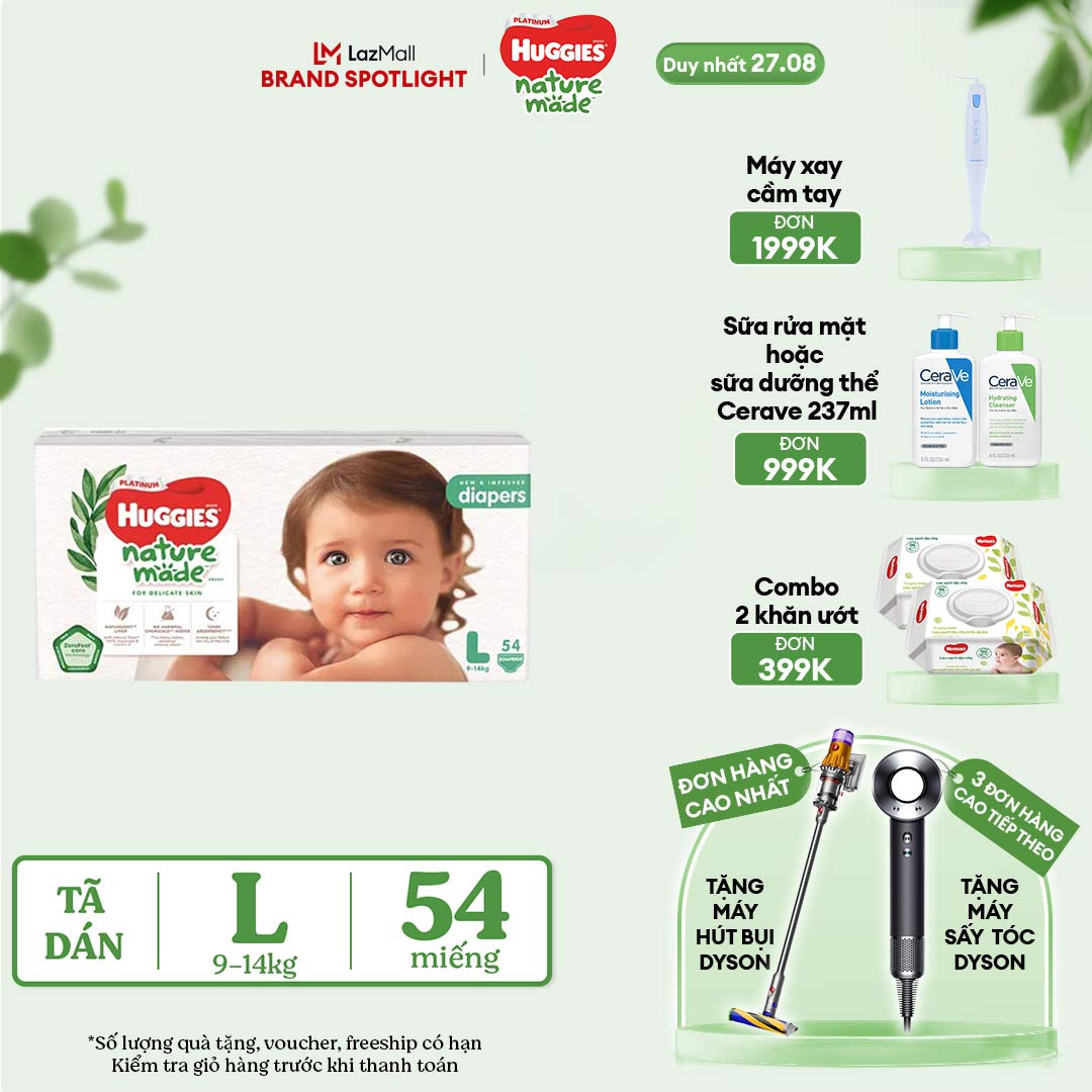 [CHỈ 27.8 GIẢM THÊM 40K] Tã/Bỉm dán HUGGIES PLATINUM NatureMade L54 (9-14kg)-Gói Jumbo 54 miếng