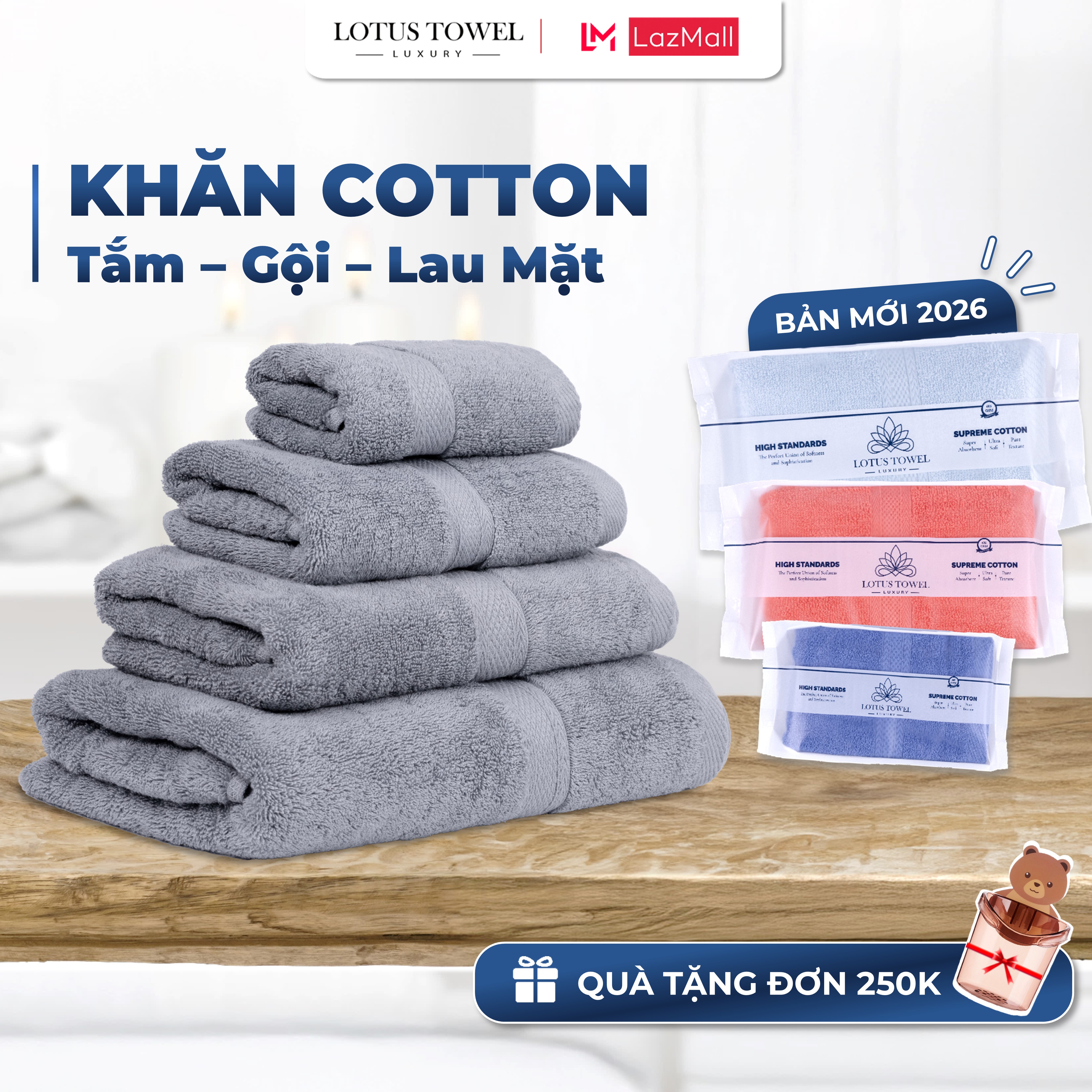  Khăn Tắm Khăn Gội Đầu Khăn Lau Mặt LOTUS TOWEL 100% Cotton Cao Cấp Mềm Mịn Thấm Hút Không Ra Màu 