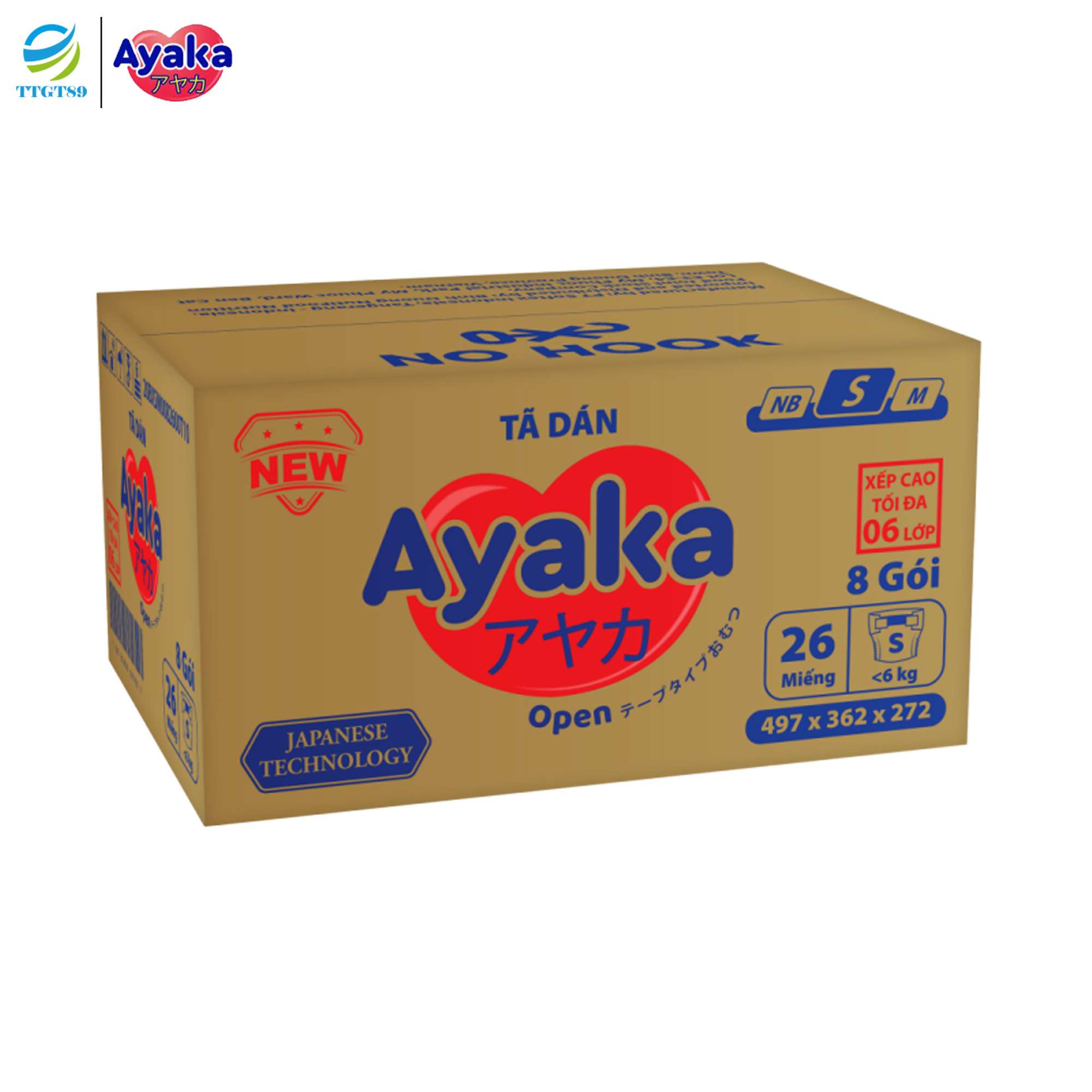 Thùng 8 gói Tã dán sơ sinh AYAKA Công Nghệ Nhật Bản Size S 26 miếng/gói dành cho bé <6kg - Thương Hiệu AYAKA - TTGT89