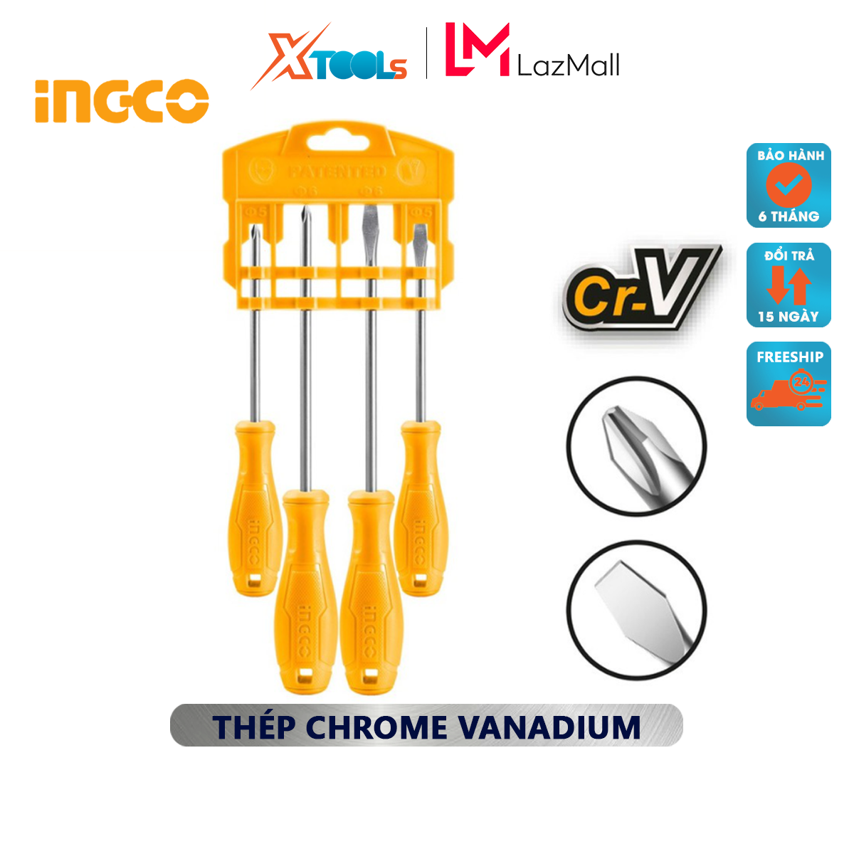 Bộ tuốc nơ vít 4 chi tiết ingco hksd0458 | bộ tua vít 4 chi tiết chất liệu thép cr-v bao gồm 1 cái sl5x100mm, 1 cái sl6x150mm, 1 cái ph1x100mm, 1 cái ph2x150mm vặn mở đai ốc vít