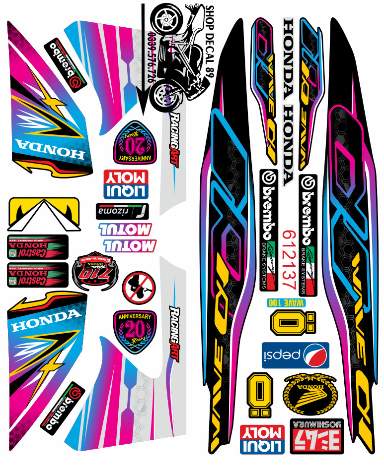 Tem Rời WAVE ALPHA 100cc - 50cc Hồng XANH LỤC ĐEN Chữ X MS 612137 - Tem Chế 3 Lớp Cao Cấp