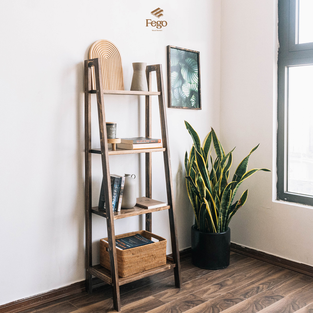 Kệ sách Harmon 4 ngăn bằng gỗ thông tự nhiên FEGO cao 140cm