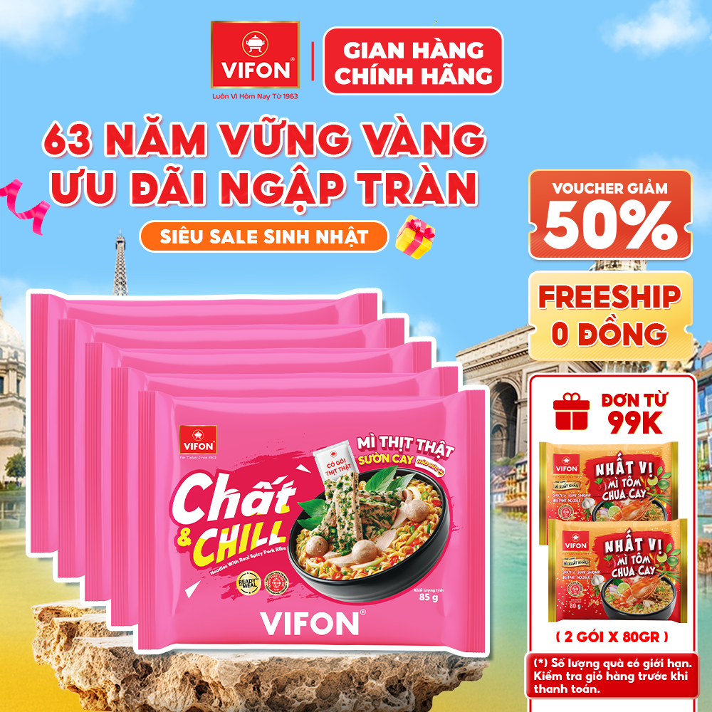 [Voucher 28% đơn từ 400K] Set 5 Gói/ Set 10 Gói Mì Thịt Thật Sườn Cay VIFON 85g Sườn Cay Thái Đậm Đà, Cay Nồng Kích Thích Vị Giác