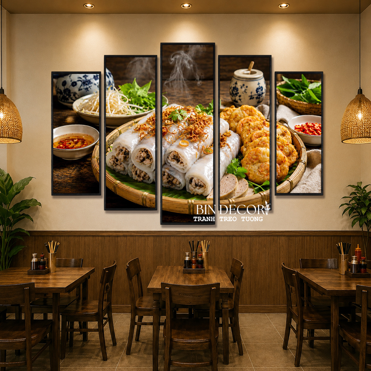 Tranh treo tường bánh cuốn nóng bộ 5 tấm trang trí quán ăn nhà hàng