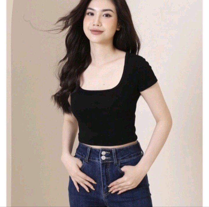 Áo thun ôm croptop tay ngắn - áo croptop cổ vuông - áo thun nữ trơn croptop