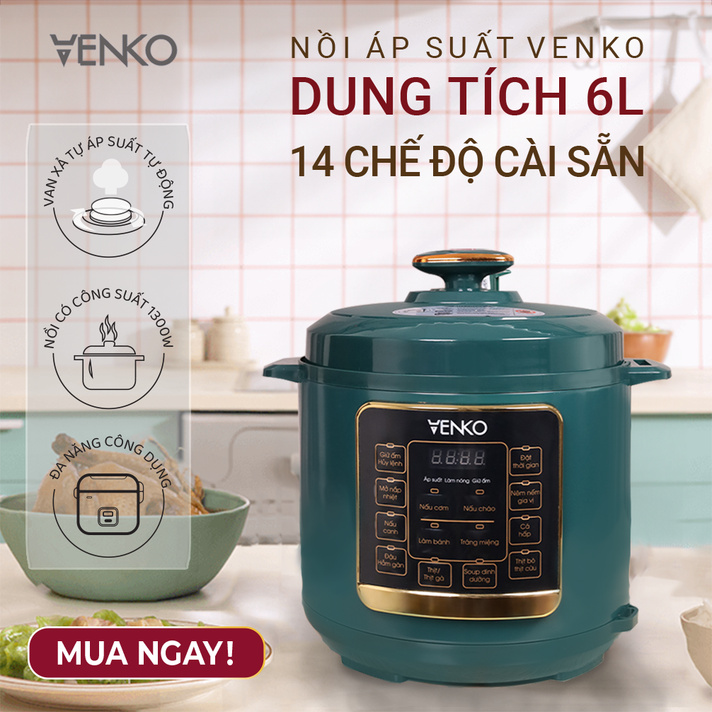 Nồi Áp Suất Điện VENKO - Dung Tích 6L -  Nồi Lẩu Điện - Nồi Nấu Đa Năng - Nồi Hầm - Bảng Điều Khiển Tiếng Việt - Bảo Hành 6 Tháng
