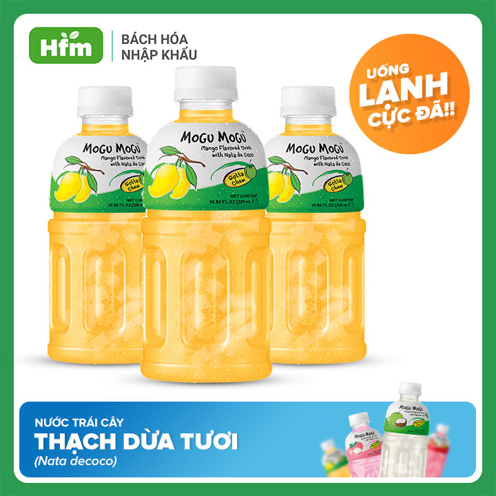 Nước uống Mogu Mogu vị Xoài với Thạch Dừa 320ml x3 chai tươi mát, thạch dừa mềm dai, đậm vị ngọt từ xoài tươi