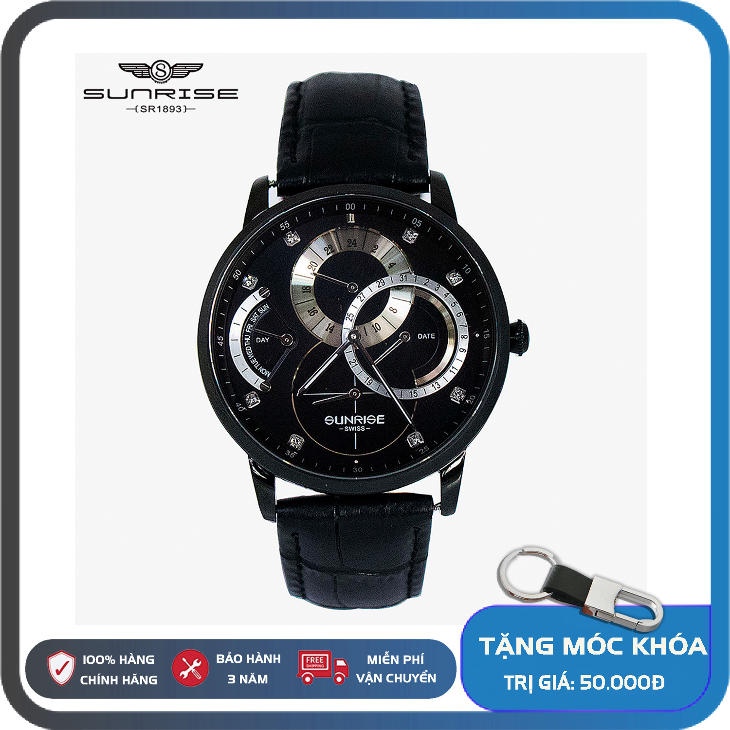 Đồng hồ Nam sunrise 1146SA,đồng hồ chính hãng dây da Full hộp- thẻ bảo hành, kính Sapphire chống xước, chống nước,bảo hành lên đến 3 năm