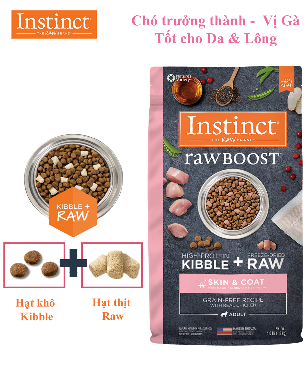 Thức ăn cho chó tốt cho da và lông Instinct Raw Boost Real Chicken for Skin & Coat (Túi 1,81kg)