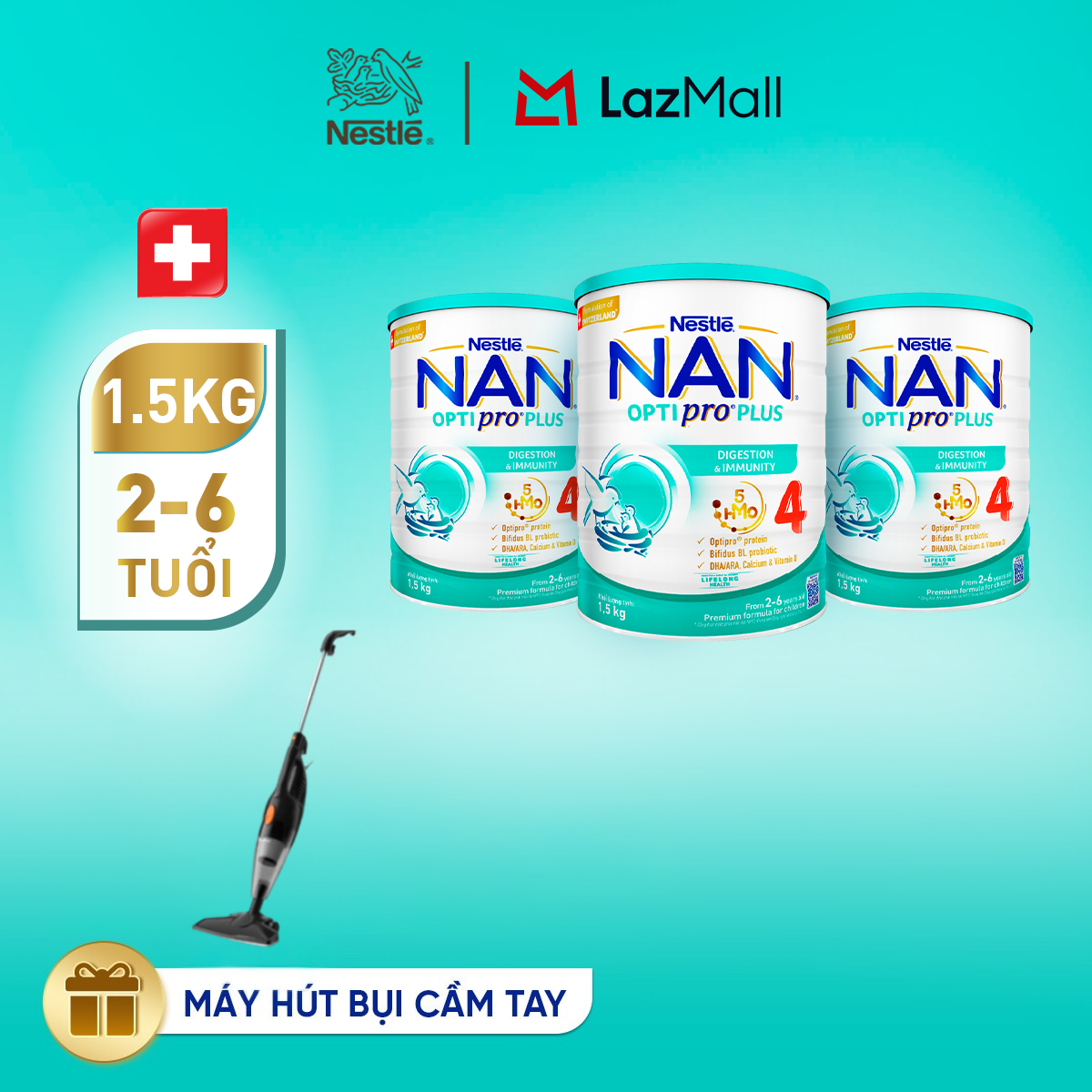 [Tặng Máy hút bụi cầm tay Gaabor] Bộ 3 lon Sữa Bột Nestlé NAN OPTIPRO PLUS 4 1500g Cho Bé 2 - 6 Tuổi: Công Thức Độc Quyền Nhập Khẩu Từ Thụy Sỹ, Chứa Phức Hợp 5-HMO