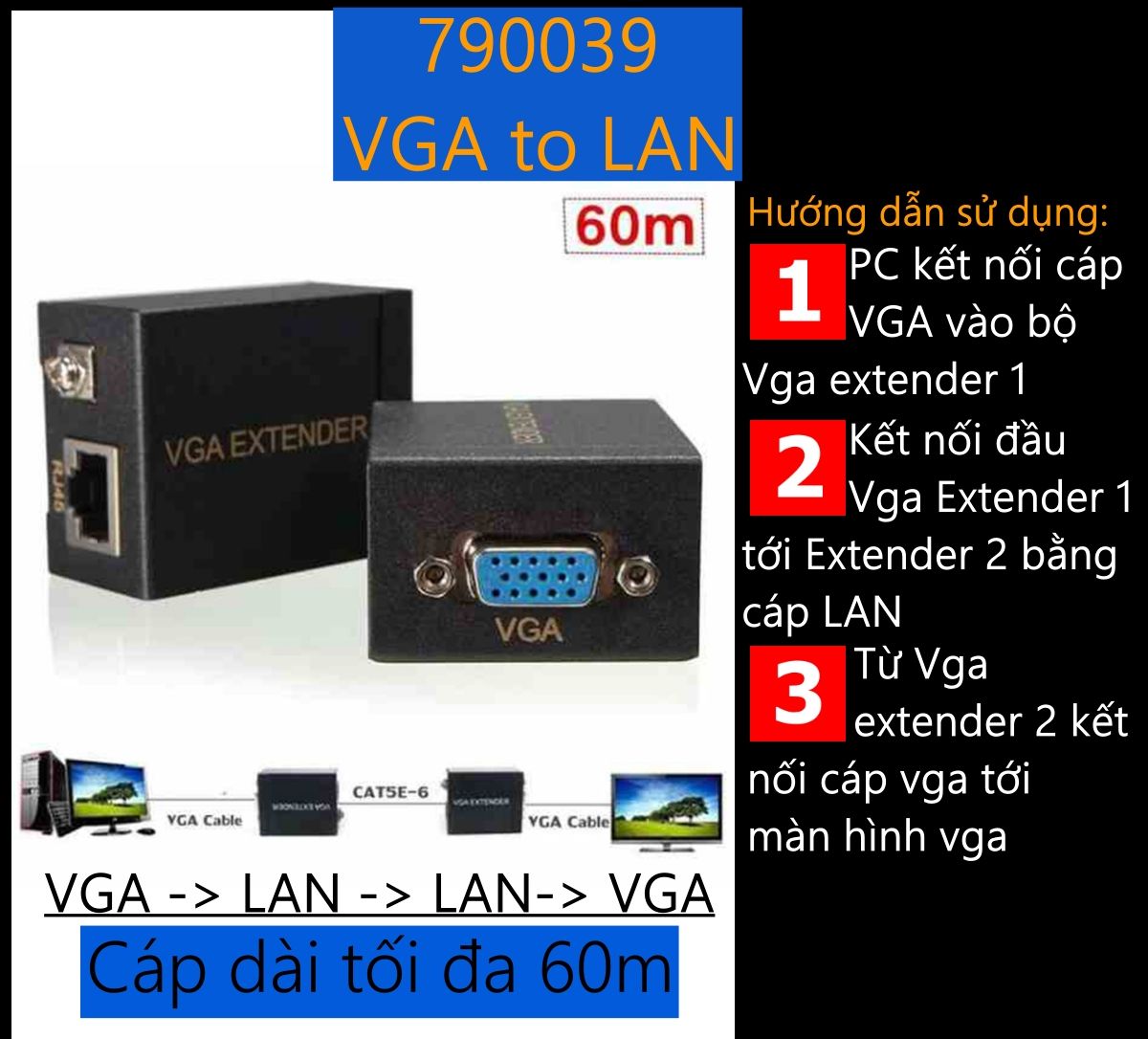 Bộ  2 cái đầu chuyển VGA ra LAN kéo dài 60M bằng cáp mạng LAN/ RJ45