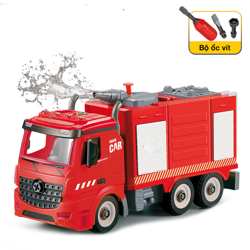 Bộ đồ chơi lắp ghép xe cứu hỏa phun được nước có đèn và nhạc, phát triển các kĩ năng cơ bản của bé