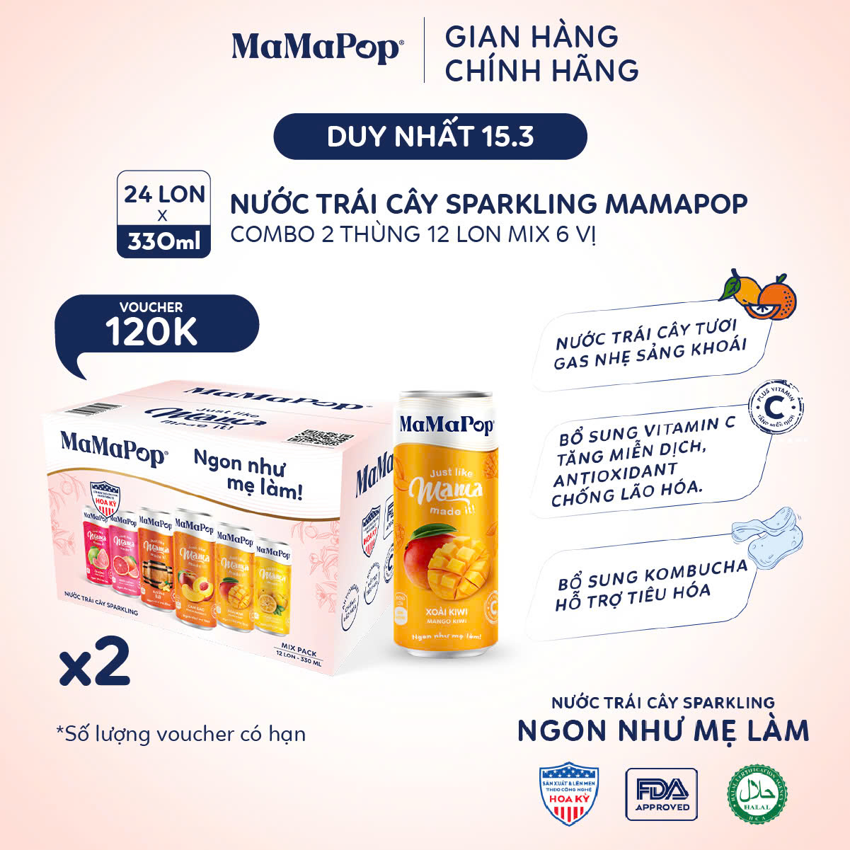 Combo 2 thùng 12 lon nước trái cây sparkling MaMaPop mix 6 vị 330ml lon