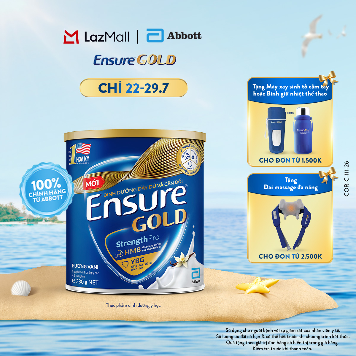 [CHỈ 22-29.7 QUÀ TẶNG CHO ĐH 1500K/2500K-SLCH] Lon sữa bột Ensure Gold hương Vani 380g
