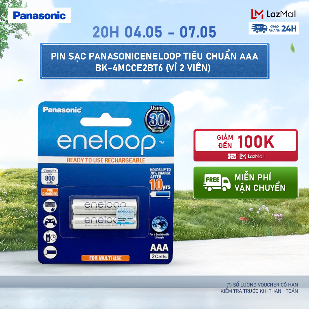 Vỉ 2 viên Pin sạc Panasonic Eneloop AAA 800mAh BK-4MCCE2BT6 – Hàng Chính Hãng
