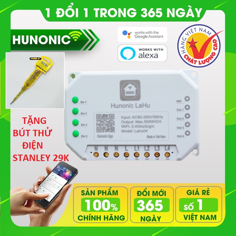 Công Tắc Điều Khiển Từ Xa Qua Điện Thoại Hunonic Lahu 4 kênh│Công tắc thông minh kết nối Wifi