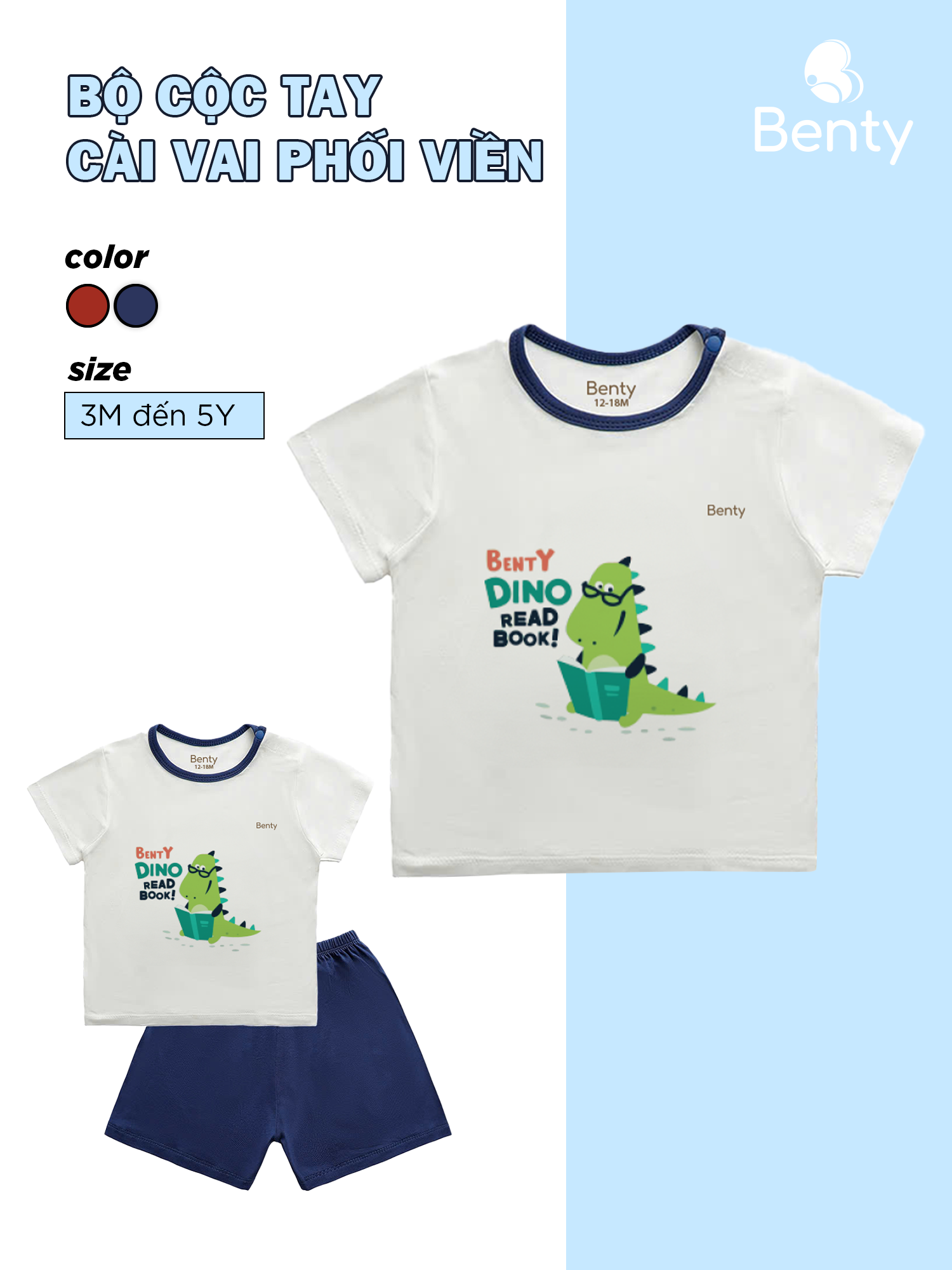 Bộ cộc tay cài vai phối viền khủng long Read Book BENTY BT051 mềm mịn mát quần áo trẻ em phong cách