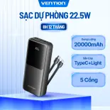 Vention Sạc Dự Phòng 20000mAh 22.5W - 3 Cổng + 2 Dây Tích Hợp (Type-C và Lightning) - Sạc Nhanh cho iPhone, Samsung, Xiaomi, Màn Hình LED Số - Đen