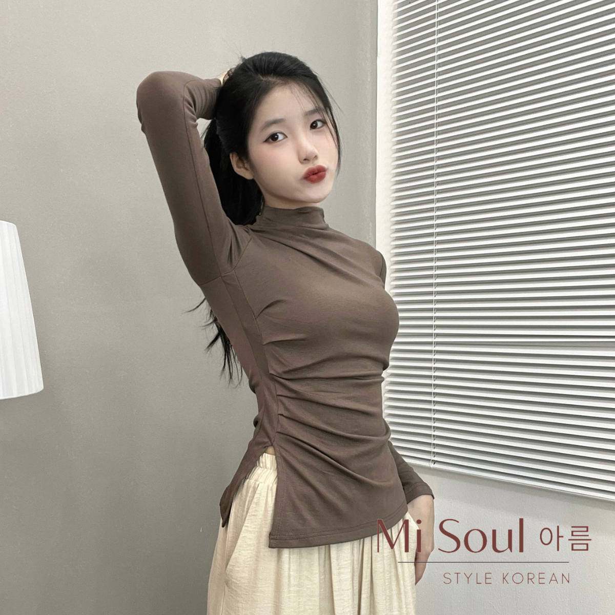 Áo Thun Dài Tay Nữ Cổ 3 Phân Nhúm Sườn Xẻ Tà BigSize MiSoul, Áo Thun Nữ Dài Tay Xẻ Tà BigSize MiSoul 222