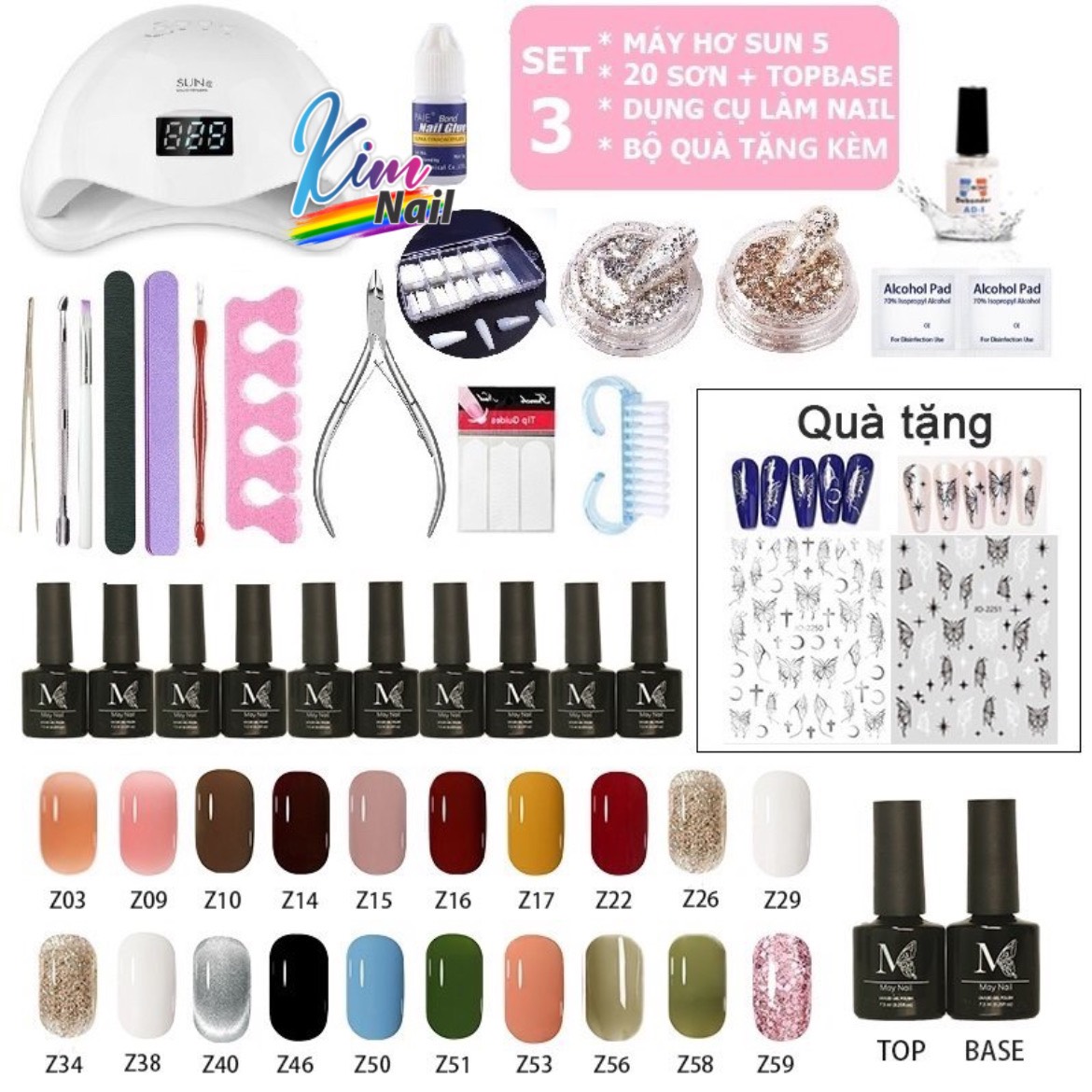 Set 3, bộ làm móng ( sơn gel 20 chai + máy hơ gel sun 5 + dụng cụ làm móng + top & base & top lì sơn gel + móng giả + keo + bộ quà tặng kèm )mini tại nhà