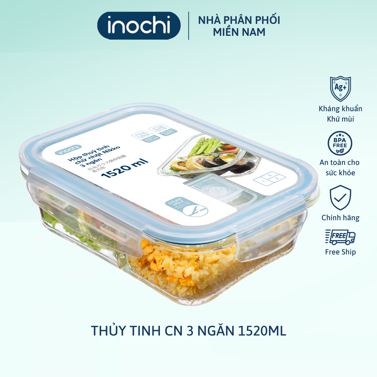 Hộp thủy tinh chữ nhật Nikko 1520 ml (3 ngăn)