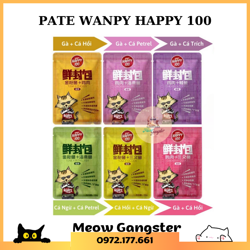 Pate happy 100 cho mèo, pate ướt cho mèo gói 70gr