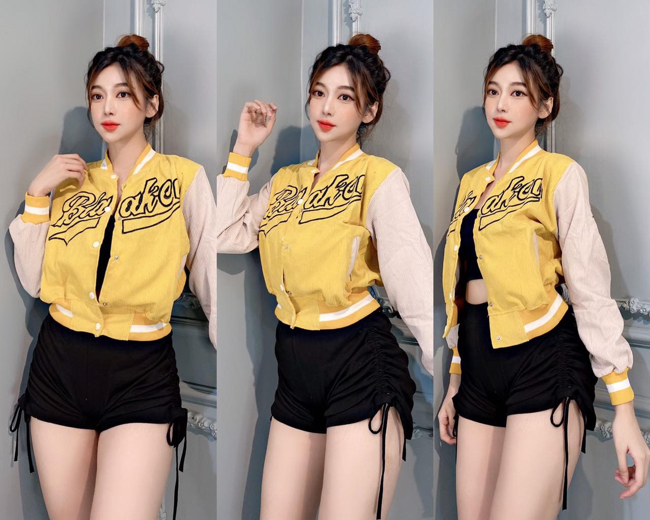 Áo khoác bomber nhung gân thêu áo khoác nhung gân mềm mịn phối tay nút áo cá tính