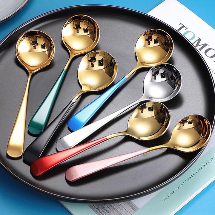 Thìa  tròn cán dài nhiều màu siêu dễ thương- combo 10 thìa vàng - muỗng ăn cơm siêu bền đẹp