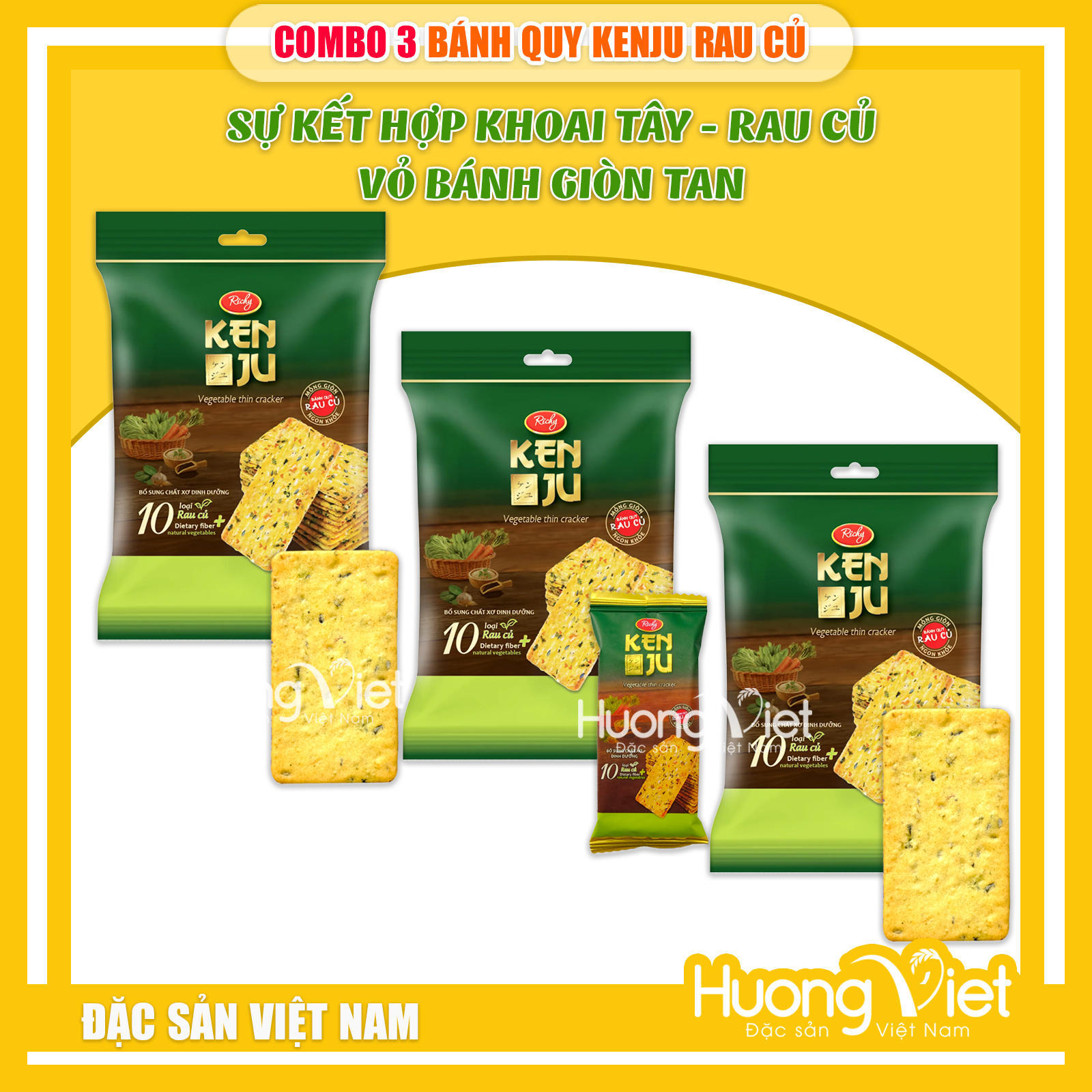 COMBO 3 Bánh KENJU rau củ giòn tan 192g, bánh quy ăn sáng Richy, bánh ăn vặt bao bì riêng biệt (16 gói x 12g)