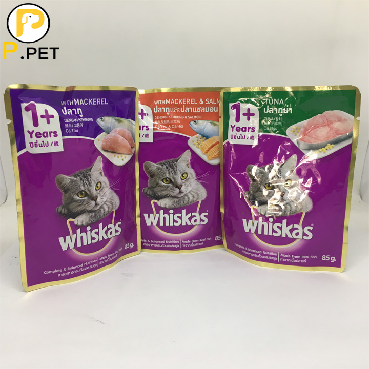 COMBO 3 Pate/Sốt Cho Mèo 1 Tuổi + Whiskas - Thức Ăn Pate Cho Mèo - Vị Cá Thu & Cá Biển - Gói 85gr (P.Pet)