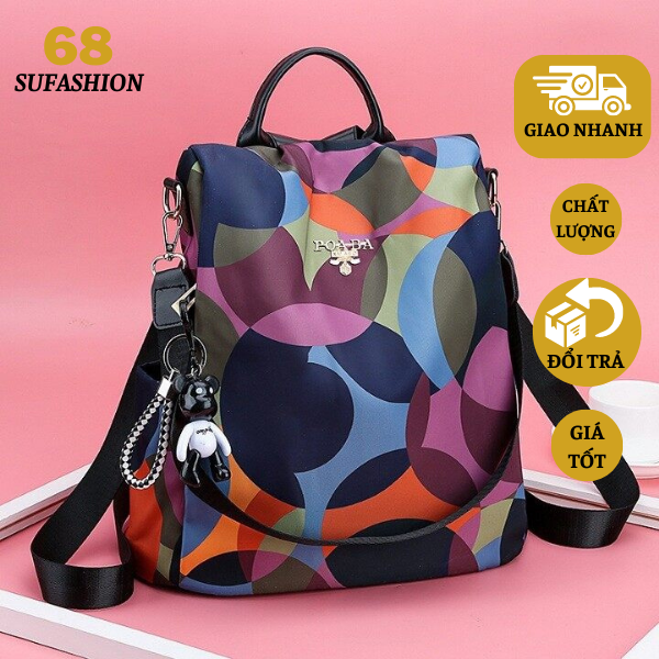 Balo Nữ Thời Trang Họa Tiết Cá Tính Vải Dù Chống Nước Thiết Kế Khóa Sau Chống Trộm, Tặng Kèm Móc Gấu Xinh