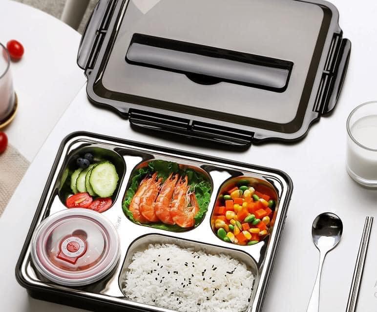 Hộp Cơm Văn Phòng Khay Inox 5 Ngăn Có Bát Để Canh Bọc Nhựa Bên Ngoài - Có Giá Điện Thoại Tặng Thìa Đũa Inox Cao Cấp