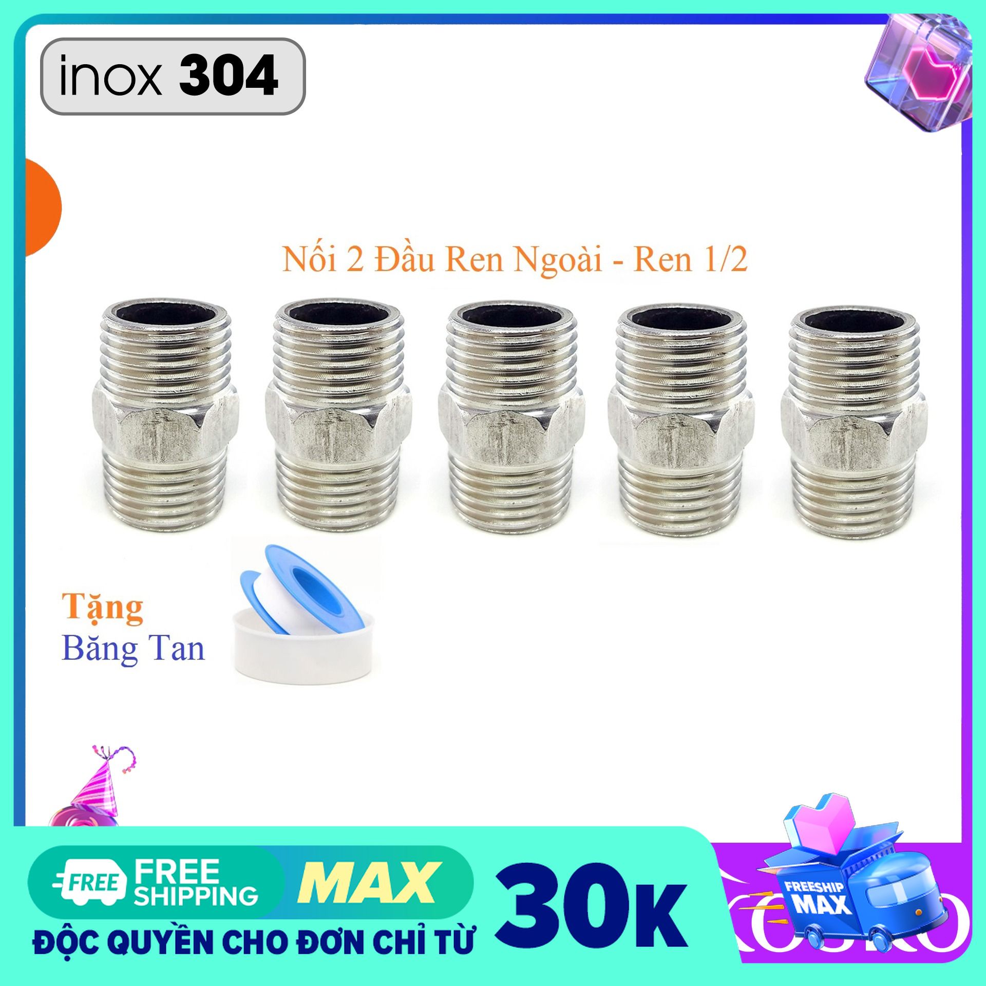 Combo 5 chiếc Nối 2 đầu ren ngoài inox ( Kép nối inox Ren 1/2 ) - Tặng kèm băng tan