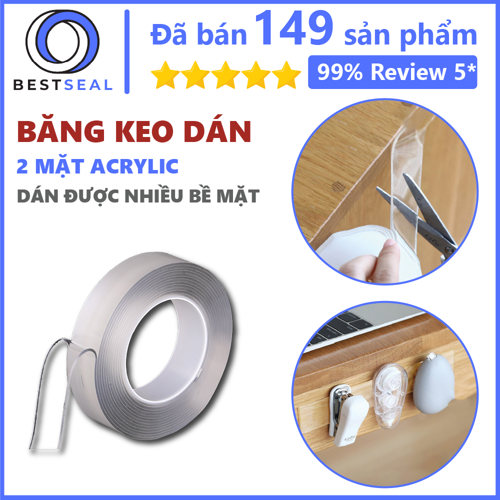 Băng keo bestseal dán dính 3 mét/ 5 mét 2 mặt đa năng trong suốt siêu chắc