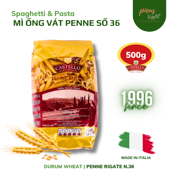 Mì ống vát | Penne Rigate Castello N.36 500g - Nui ống tre nguyên liệu nấu ăn giàu dinh dưỡng nhập khẩu Ý - Pieus