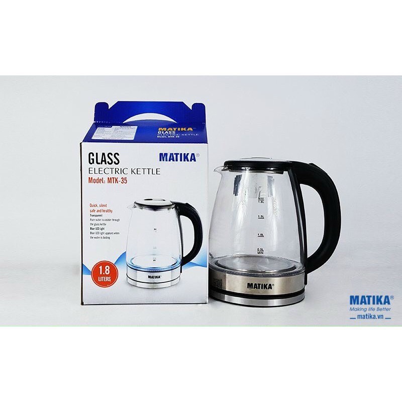 [HÀNG HÓT 2021] Ấm Siêu Tốc Thủy Tinh 1.8L Matika MTK-35,Chất liệu thân bình: Thủy tinh trong suốt,Chức năng,Chế độ ngắt điện tự động,Công Suất 1800W,Đun Nước Siêu Nhanh Có Đèn Led Khi Sôi-Hàng Chính Hãng