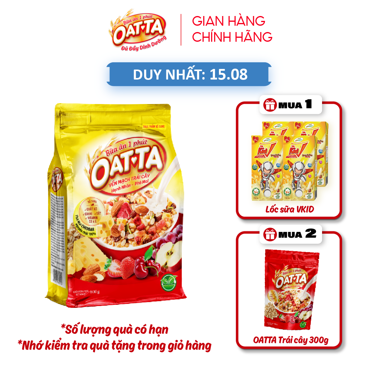 (HÀNG MỚI) Yến Mạch Trái Cây Hạnh Nhân Phô Mai OATTA Túi 800g Thơm Béo Có Thể Ăn Liền