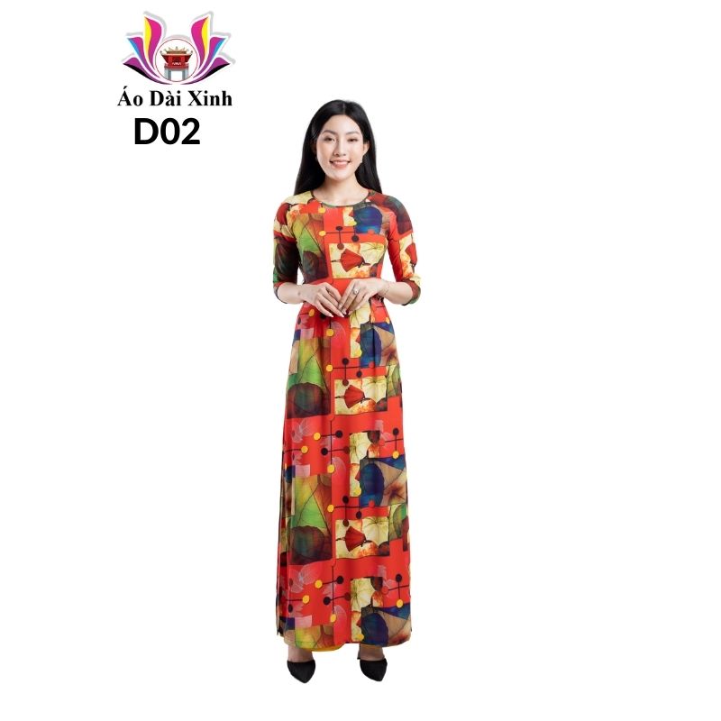Bộ áo dài truyền thống in 3D lụa Nhật họa tiết, cổ tròn, tay lỡ.