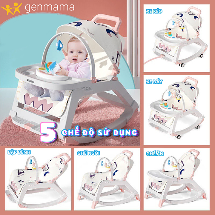 Ghế ăn dặm đa năng, ghế ăn dặm 5 in 1: ghế ăn dặm, ghế bập bênh, ghế ngồi, ghế ngủ, xe đẩy cho bé có phát nhạc, treo đồ chơi, màn che, bánh xe. genmama