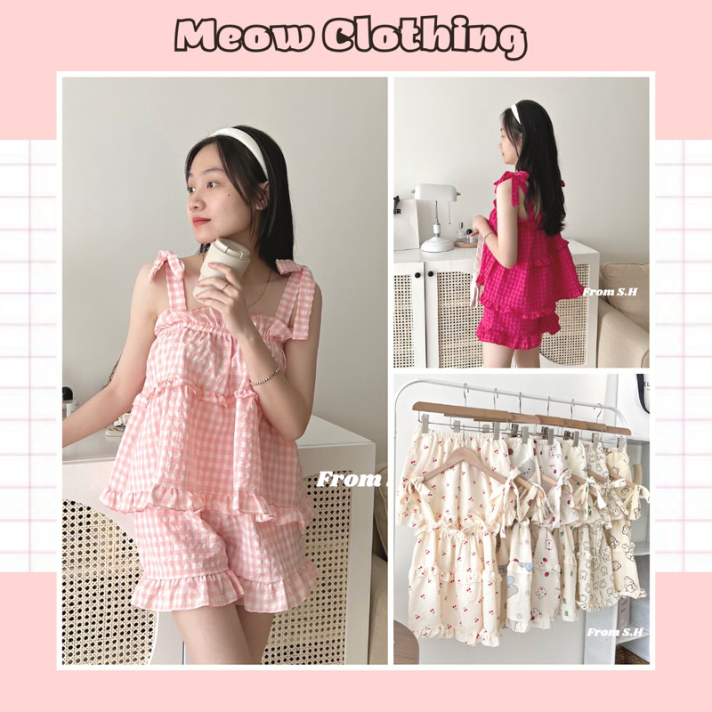 Đồ Mặc Nhà, Bộ Ngủ Nữ 2 Dây Cột Nơ Kẻ Caro Quần Đùi Thô Mềm/Đũi Xốp Freesize