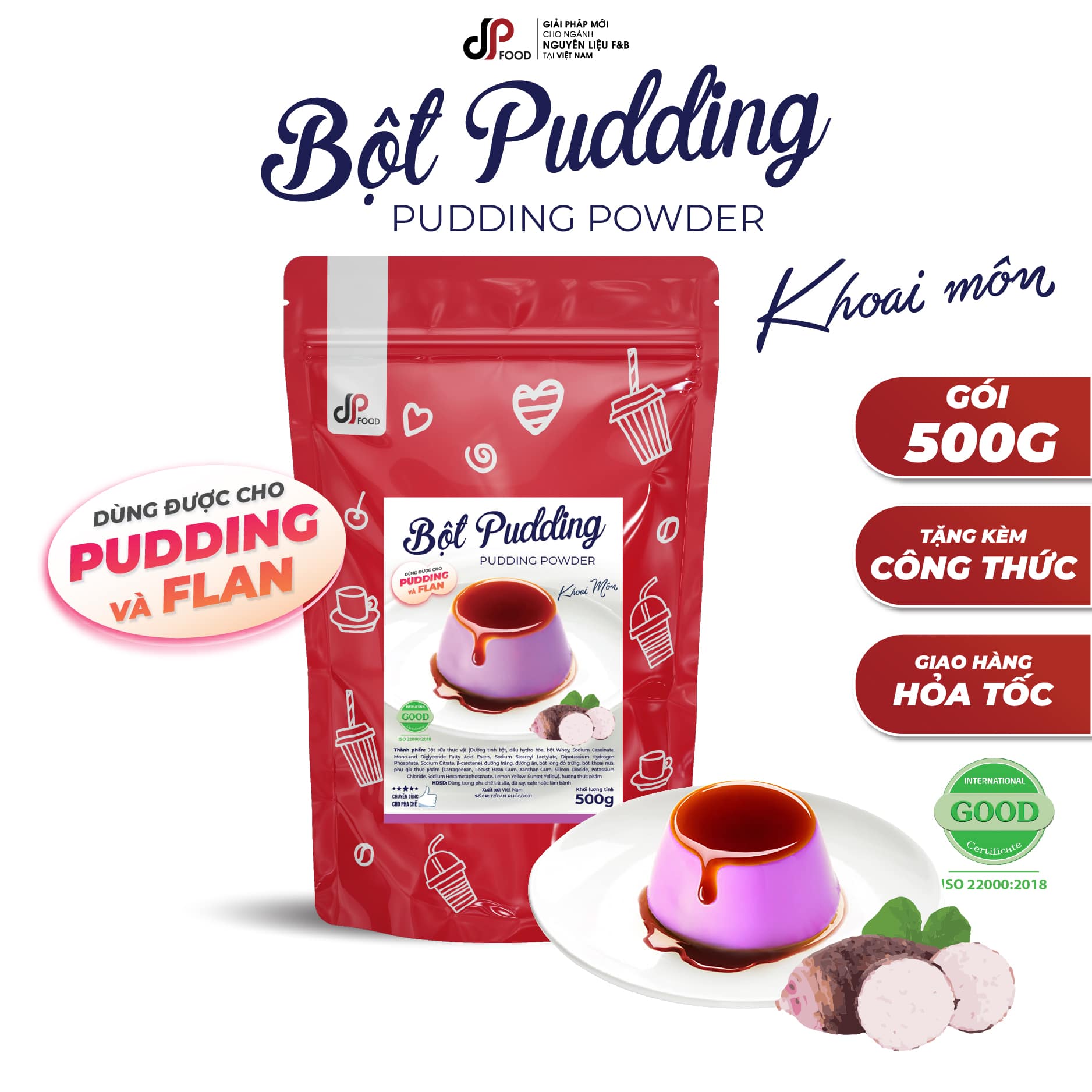 Bột Pudding Khoai Môn DPFOOD Gói 500G Thơm Ngon Mềm Mịn Làm Topping Trà Sữa Chè Cacao/Milo Dầm