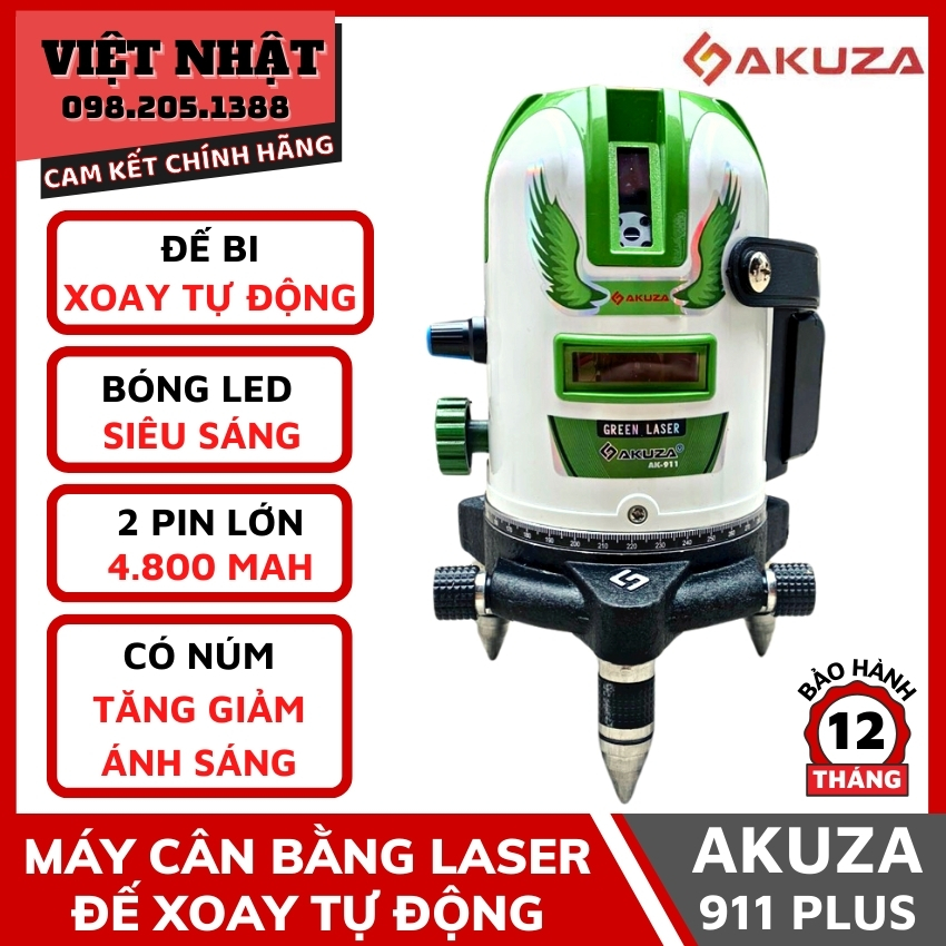 Máy cân bằng laser 5 tia xanh đế xoay tự động Akuza 911 Plus bóng Led siêu sáng, đế bi - kèm 2 pin cài lớn - Máy bắn cốt cân mực đế xoay chính hãng giá rẻ mới nhất - Điện máy Việt Nhậ