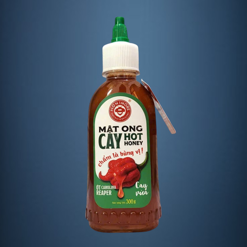 HONIMORE - chai XANH 300gr - MẬT ONG CAY VỪA Super Hot Honey with Carolina Reaper