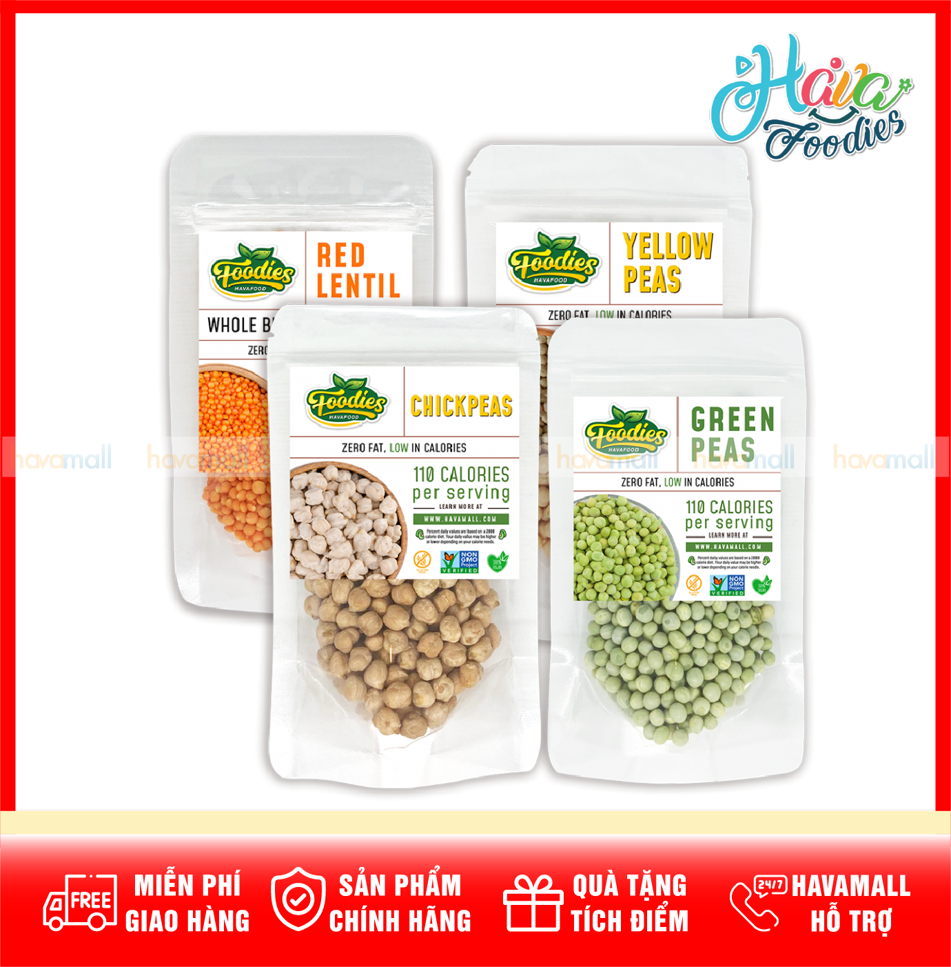 Combo 4 loại đậu hà lan xanh, hà lan vàng, đậu gà, đậu lăng đỏ havafood