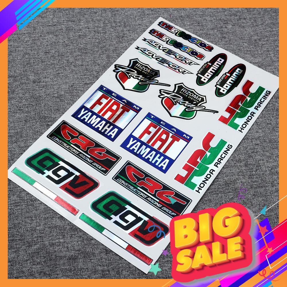 [SALE SỐC ] BỘ DECAL LOGO, TEM MẠ CROM NHIỀU STICKER YAMAHA, FIAT, HRC, AGV...